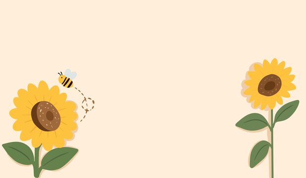 Cute Simple Sunflowers and Flying Bumblebee Background with Copy Space Illustration