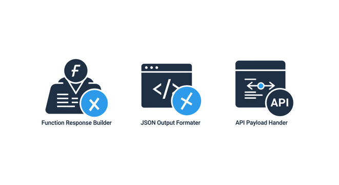 Software development process icons depicting function response builder json output formatter api payload handler software development programming function interface developer automation