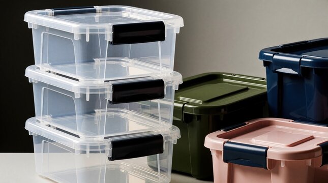 Clear plastic storage bins with black handles stack vertically in modern room. Colorful containers with tight lids organize household items. Large green, blue boxes plus pink bin help space saving,