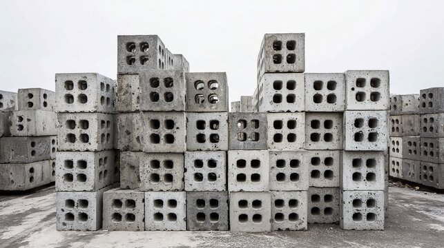 Stacks of gray rectangular concrete blocks with circular holes arranged neatly for construction projects outdoors on a cloudy winter day