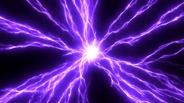 Purple electric energy burst expands into branching lightning rays on black background