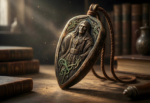Fantasy heritage and ancient history, ornate bronze pendant with wizard relief on a wooden desk in a library with old books and atmospheric dust particles