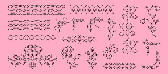 Fototapeta premium Vector set of embroidered cross stitch patterns on pink background. Decorative flowers and seamless floral border frame designs, lace details for handmade textile art and craft sewing projects