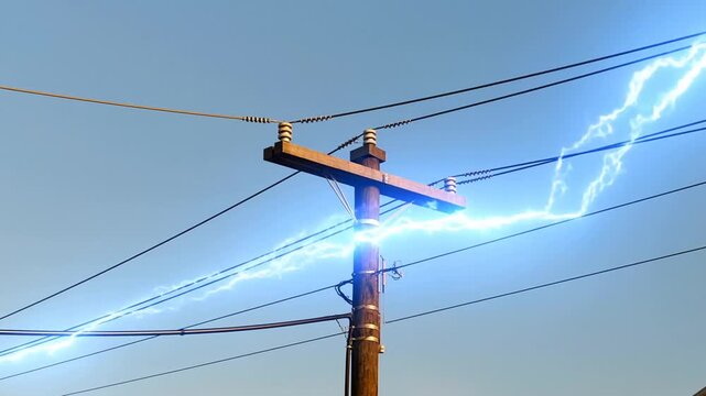 Wooden utility pole with power lines against clear blue sky