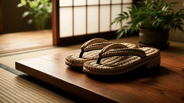 Traditional Japanese geta sandals on wooden platform in tatami room. Authentic straw footwear sits near shoji paper sliding door, green houseplant. Zen style interior shows calm cultural heritage,