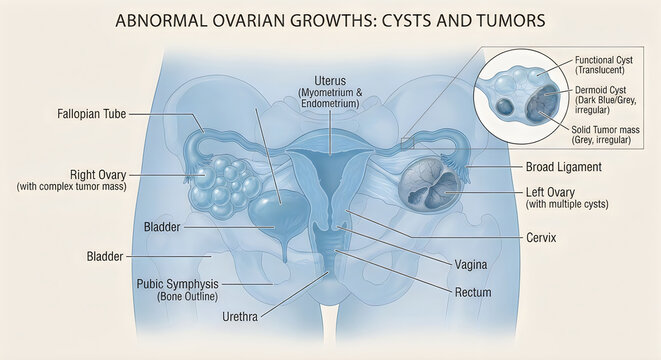Medical illustration of abnormal ovarian growths showing cysts and tumors in female reproductive system