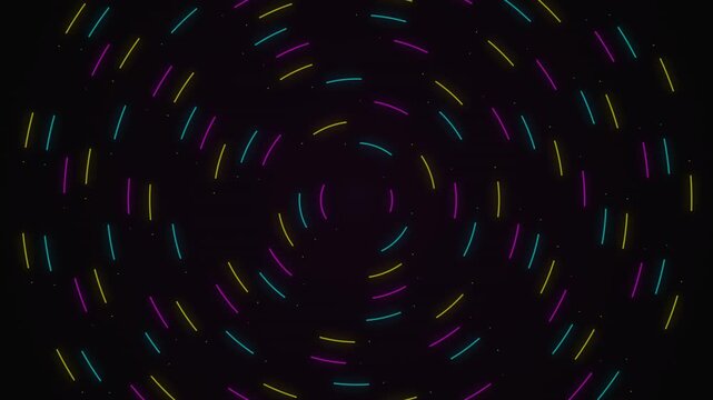 Neon colorful curved line dash pattern motion background loop animation