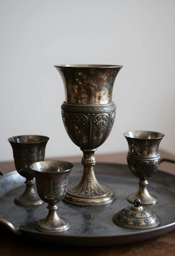 Tradition and heritage, antique silver chalice set with ornate goblets on a metal tray for religious ceremony or historical dining and luxury decor