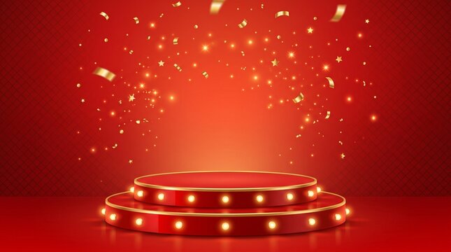 Empty red circular podium stage with glowing lights and golden falling confetti for product presentation or celebration event background