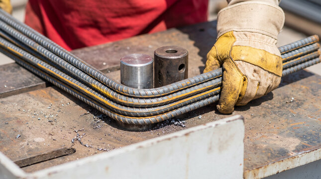 Worker holding bent rebar bundle on steel bending table with cylindrical pins wearing yellow gloves