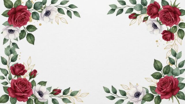Elegant floral frame with red roses and white anemones, perfect for wedding invitations or greeting cards, offering a beautiful botanical border design.