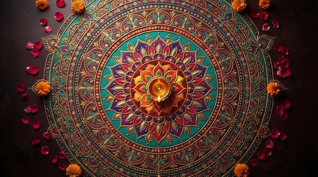 Intricate colorful mandala pattern on a dark surface decorated with marigold flowers and red rose petals for traditional diwali celebrations