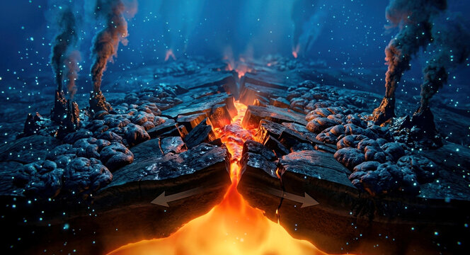 Deep ocean mid-ocean ridge with diverging tectonic plates, lava fissure, black smoker plumes, pillow lava, and bioluminescent particles