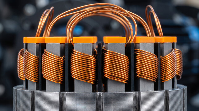 Close-up copper coil windings on electric motor stator core with orange caps in industrial manufacturing