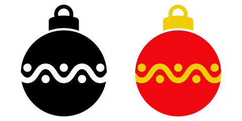 Fototapeta premium Decoración para árbol de navidad. Icono con dibujo sencillo de una bola de navidad decorada con líneas con ondas y puntos, en versión de color negro y en versión de colores rojo y amarillo