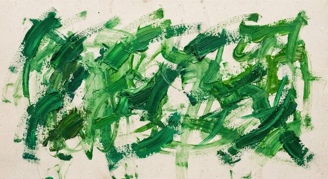 Abstract green paint brushstrokes on white canvas