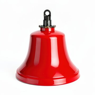 Classic red mechanical fire alarm bell on white background, shiny metal emergency warning device, isolated safety equipment