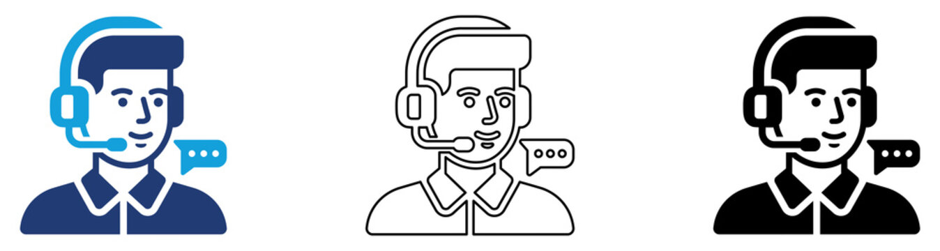 Multicolor Customer Support Agent Icon Set with Filled and Outline Styles for Help Desk Technical Support Call Center Communication and Client Services Isolated on Transparent Background