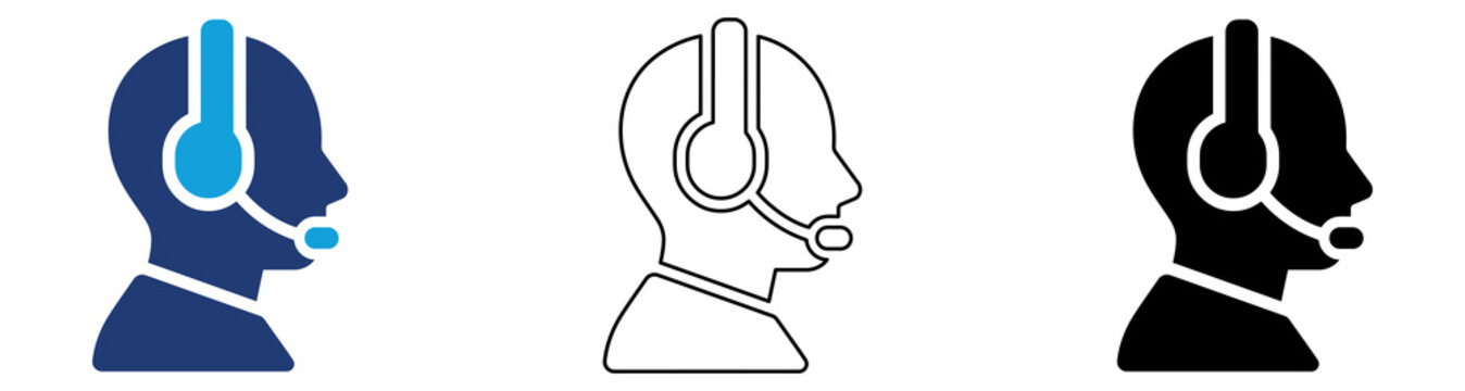 Multicolor Customer Support Headset Icon Set with Filled and Outline Styles for Call Center Services Technical Assistance Help Desk Communication and Client Support Isolated on Transparent Background