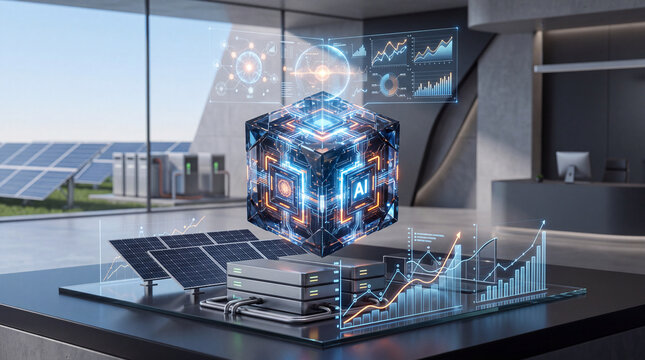 holographic cube data visualization with solar panels and modern office building background, representing renewable energy technology and digital transformation concepts