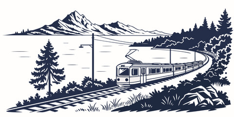 Fototapeta premium Passenger train traveling along a scenic coastal rail line with mountains and trees in a graphic illustration