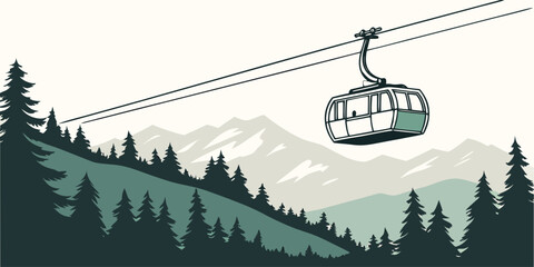 Cable car gondola traversing high mountains with lush pine forest landscape mountain lift ski resort alpine landscape © Swutiy