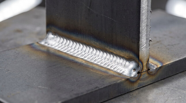 Close-up macro MIG weld bead fillet joint on steel plate showing heat discoloration and bead texture