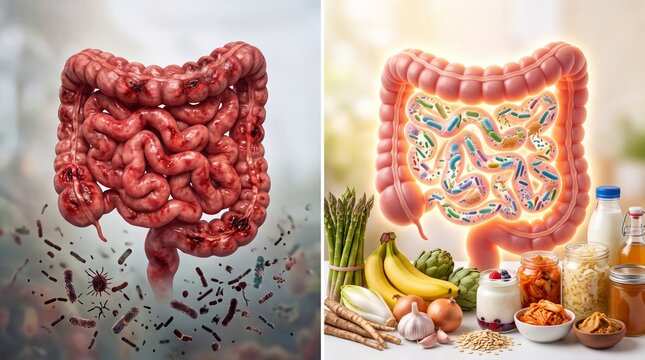 A visual comparison of healthy and unhealthy intestines showcasing the impact of diet on gut health.
