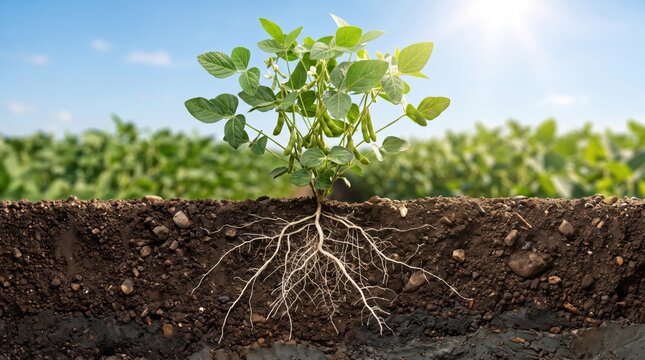 Cross-section view of a young soybean plant with a detailed root system growing deep into the soil.
