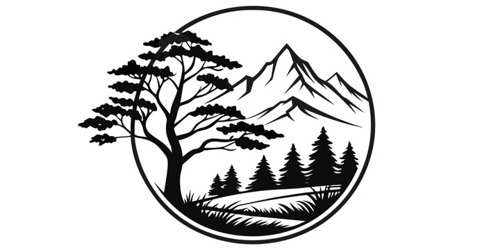 Circular badge featuring mountain range with pine forest and evergreen tree in monochrome circular emblem mountain sil