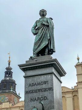 Krakow, Poland, July 26, 2025: Krakow's Old Town. Main Market Square, Monument to the great Polish poet Adam Mickiewicz