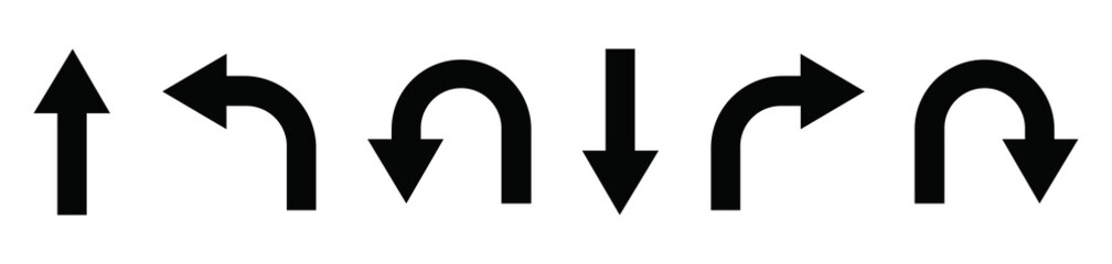 Direction icon set. U turn arrow icon set. Go straight, this way, one way only U turn, left and right arrow icons. Vector illustration. © WASIF-MEHMOOD