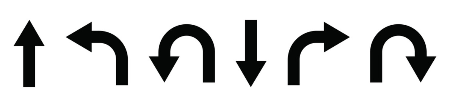 Direction icon set. U turn arrow icon set. Go straight, this way, one way only U turn, left and right arrow icons. Vector illustration.