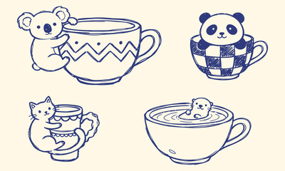Obraz premium Cute handdrawn doodle set of various animals sitting in or hugging coffee cups