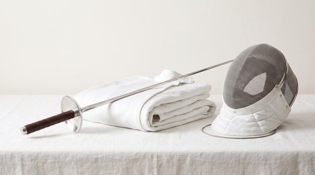 Minimalist still life composition of fencing uniform folded neatly next to a metallic mask and rapier sword.