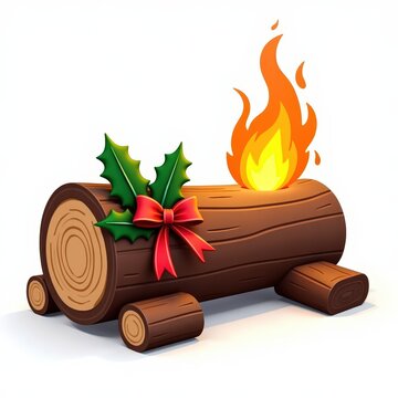 Festive yule log decorated with holly and ribbons, burning with bright flames on white background