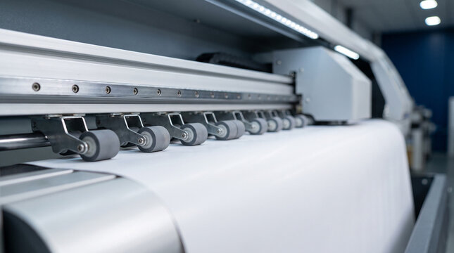 Wide format inkjet plotter machine with white paper roll and precision roller guides in print studio