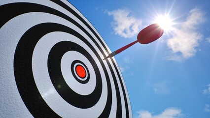 Business goal achievement, low angle side shot of red dart arrow on target board. 3d rendering. © SohubProduction