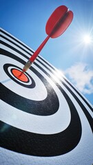 Financial goal achievement, Red dart arrow hitting target center with lens flare blue sky background. 3d rendering. © SohubProduction