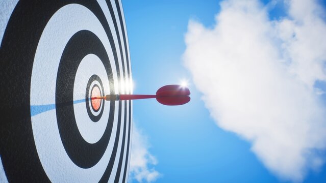 Business goal achievement, low angle side shot of red dart arrow on target board. 3d rendering.