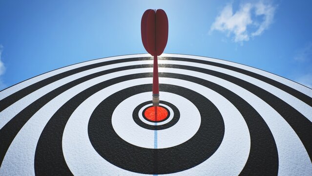 Concept of strategy and target audience, red dart arrow on target board against blue sky. 3d rendering.
