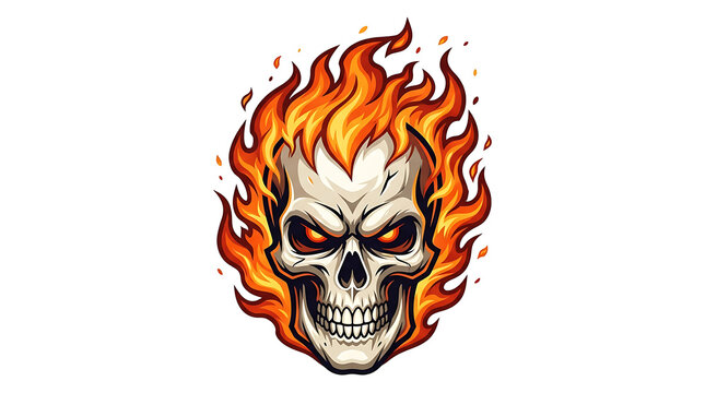 Skull engulfed in bright orange flames embodies a dark and edgy aesthetic suitable for heavy metal music themes or rebellious graphic art.