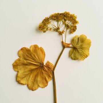 perfectly pressed dried Lady's Mantle (Alchemilla) individual floret, small delicate complex yellow floret detail, withered color pattern.