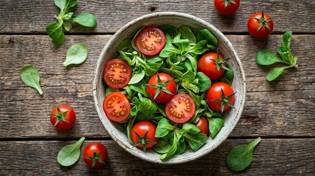Fresh salad with tomatoes and greens in bowl