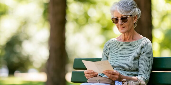 Senior woman reading card outdoors