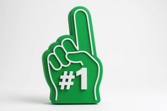 Green foam finger with number one sign. This prop is used for supporting teams and celebrating wins. It is a popular item for fans at sporting events and celebrations.