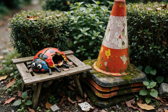 Worn orange traffic cone, damaged ladybug craft sit on rustic wooden table. Overgrown green bushes, fallen leaves surround discarded objects in outdoor garden setting. Abandoned items create scene of