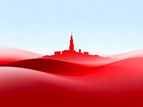 Stylized City Skyline Over Flowing Red Waves Against Light Blue Sky