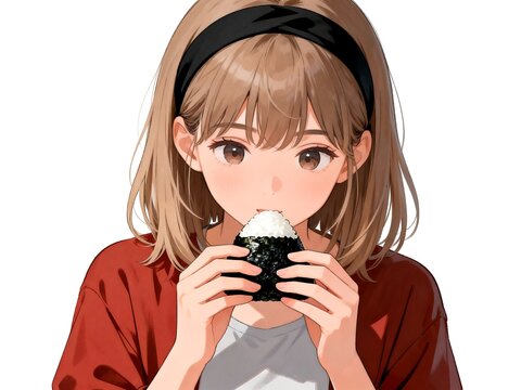 Young girl with light brown hair holding rice ball near her mouth