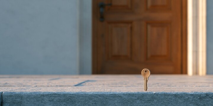 Key standing on stone doorstep with wooden door